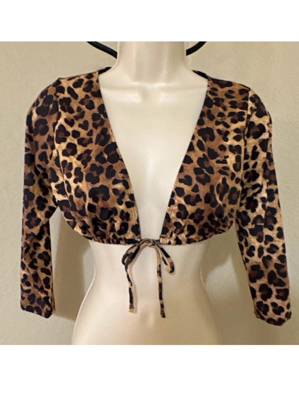 Leopard Print Tie-Front Long Sleeve Swim Cover-Up Top Women S S0382B